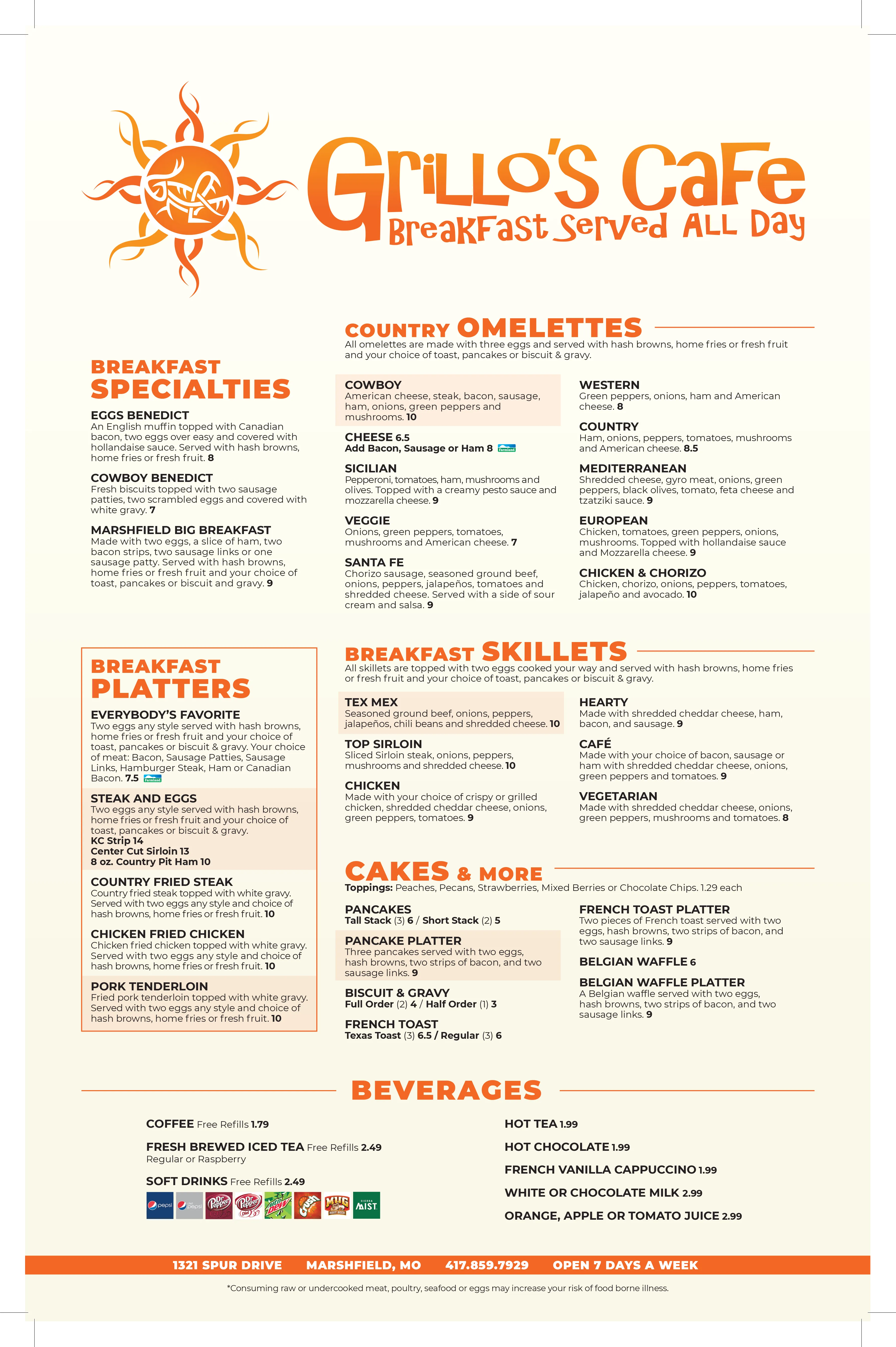 Explore the Full Menu at Grillo's Cafe – Featuring Homemade Breakfast, Juicy Steaks, and Comfort Food Classics in Marshfield, MO