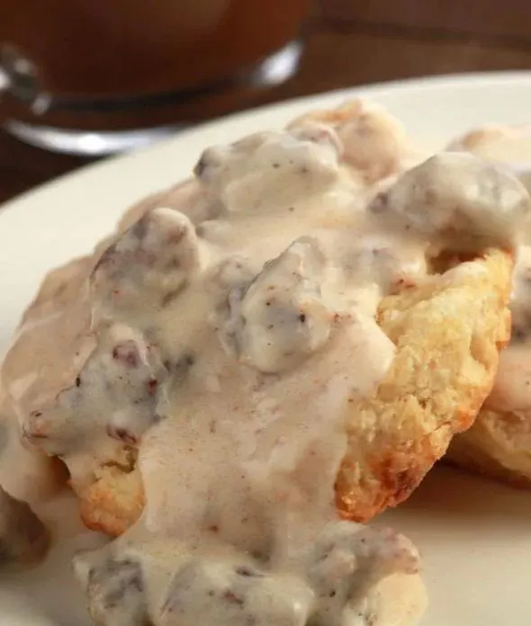 Breakfast favorites include french toast, biscuits and gravy, and bacon or sausage and eggs.