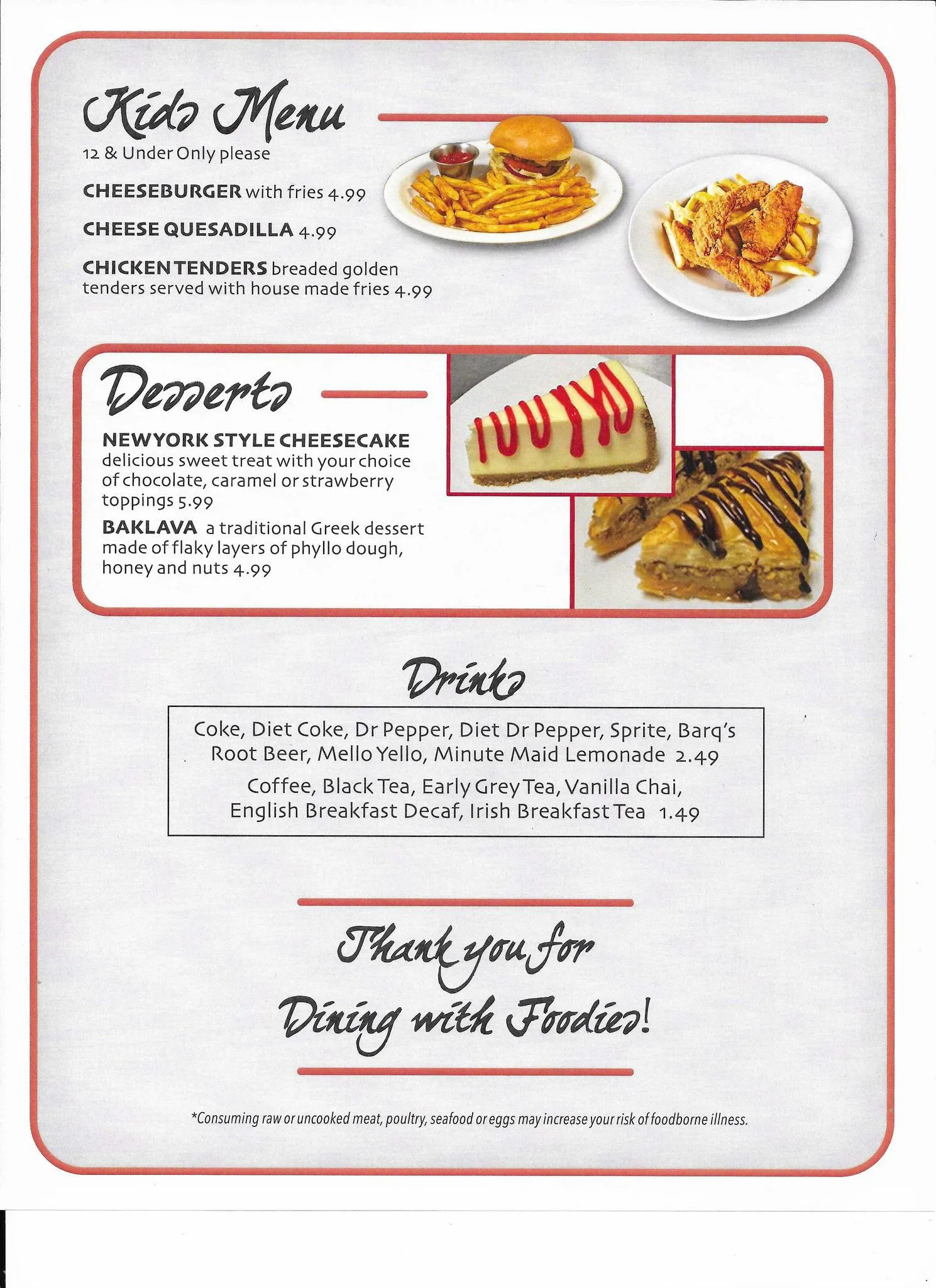 Foodies Restaurant and Grill kids menu page.