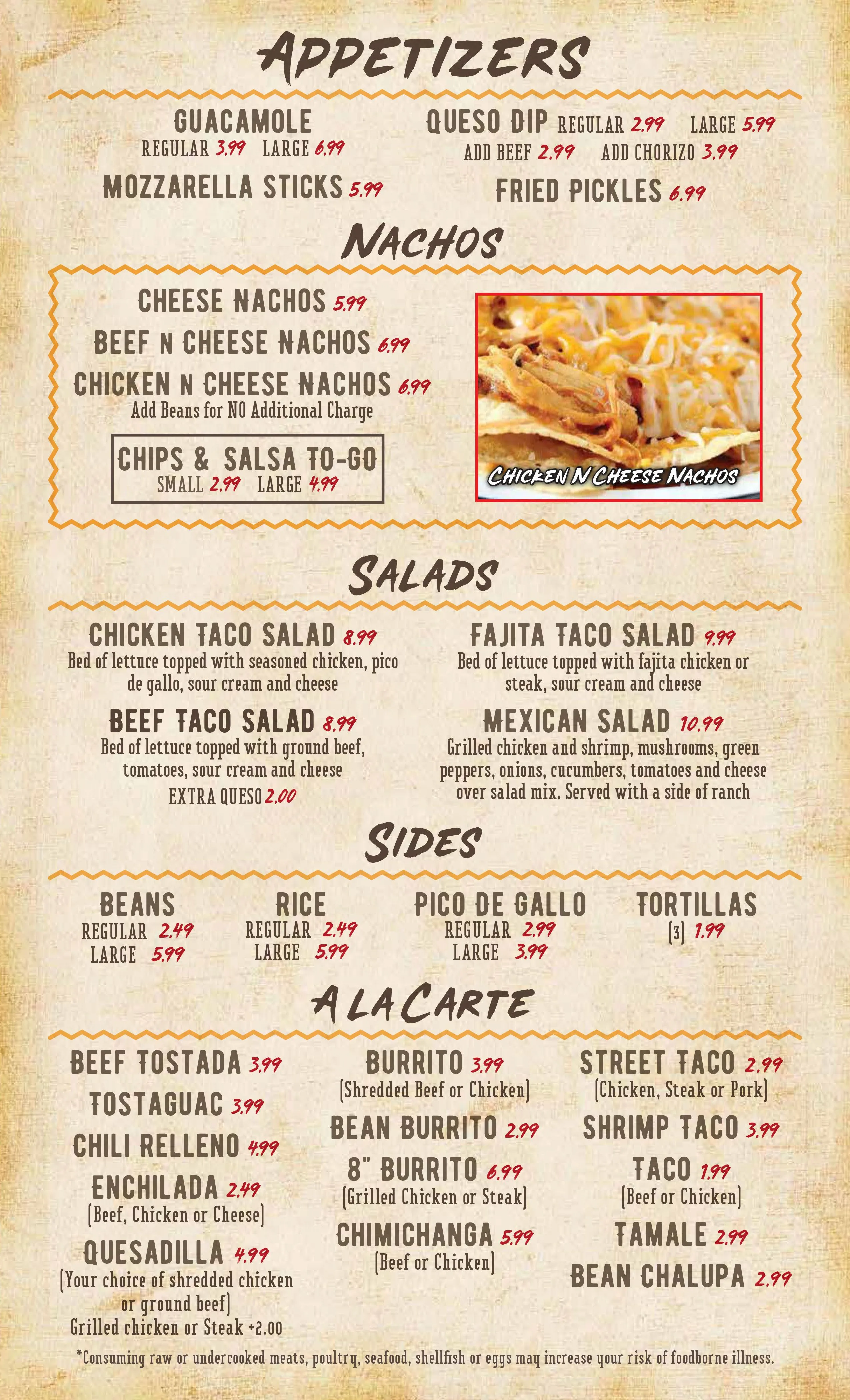 The Rodeo in Okmulgee menu page with appetizers, nachos, salads, sides, and a la carte options.