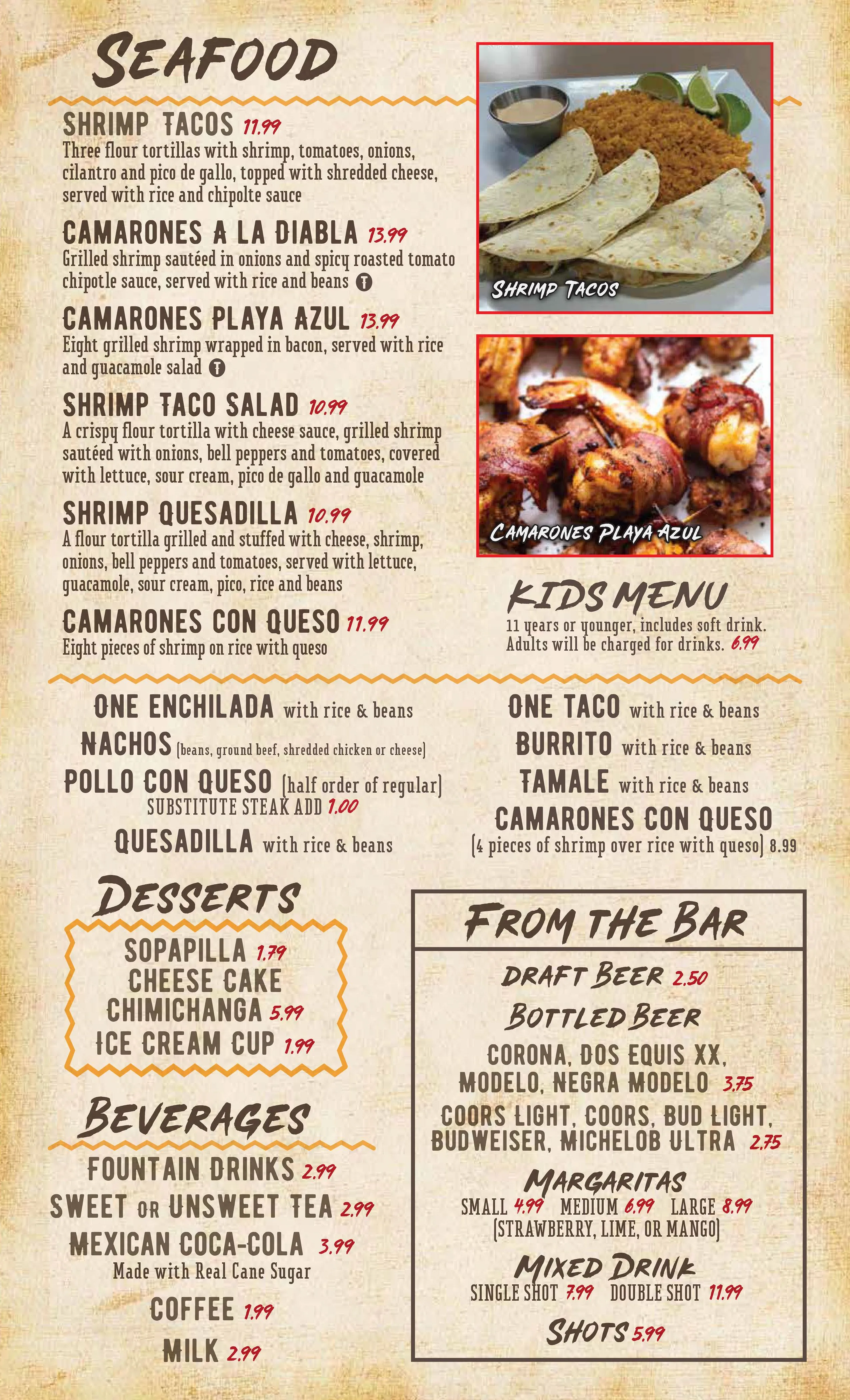 The Rodeo in Okmulgee menu page with seafood, kids menu, desserts, beverages, and beers.