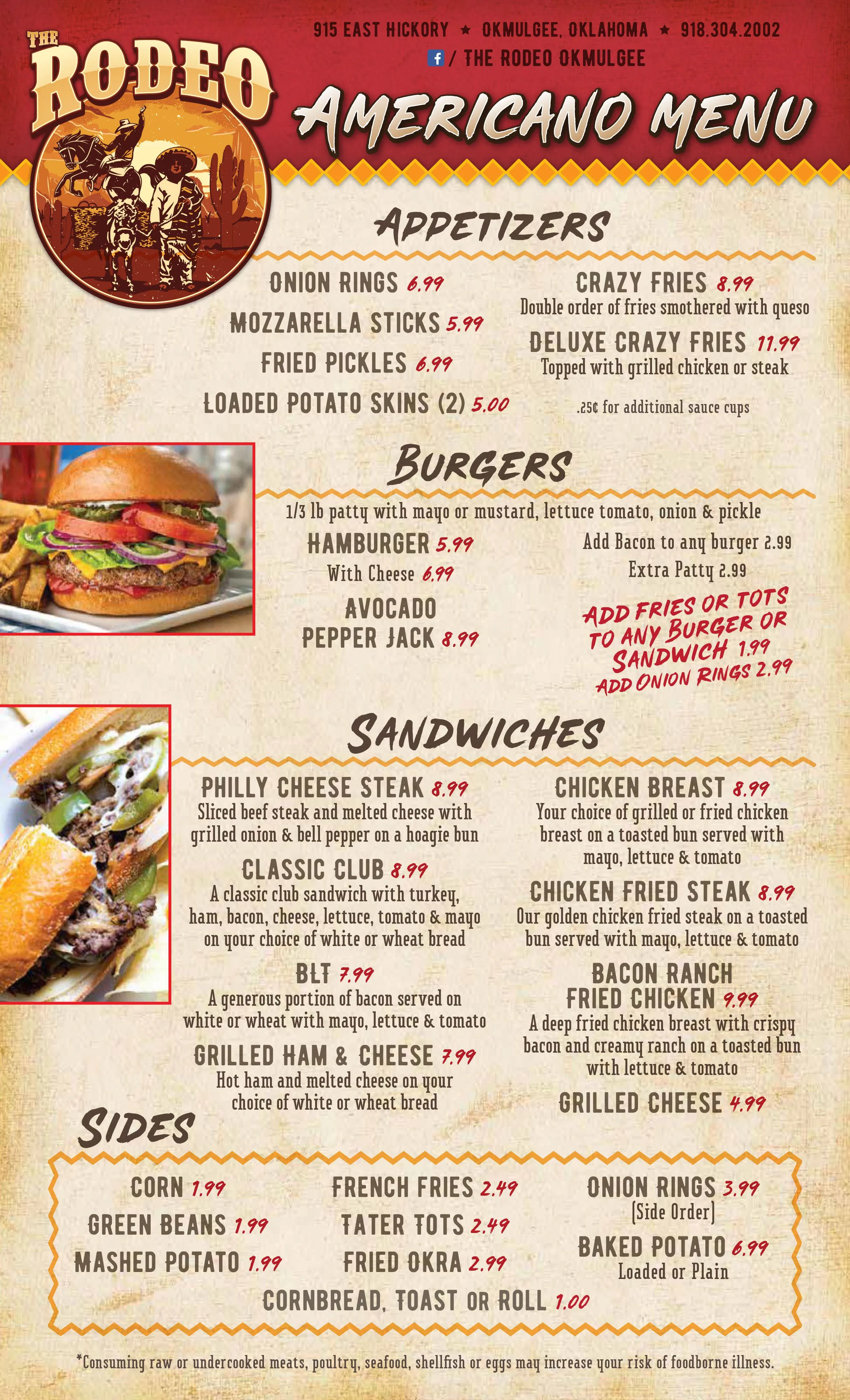 The Rodeo in Okmulgee Americano menu page with appetizers, burgers, sandwiches and sides.