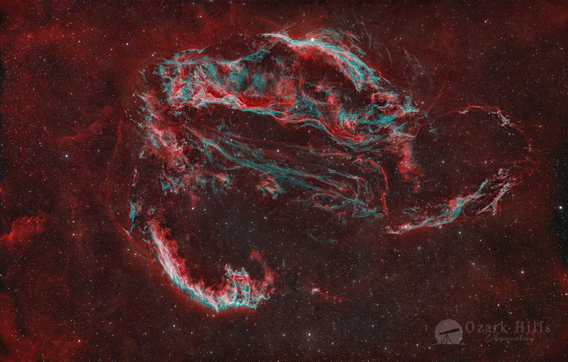 Veil Nebula astrophotography over the Ozark Hills