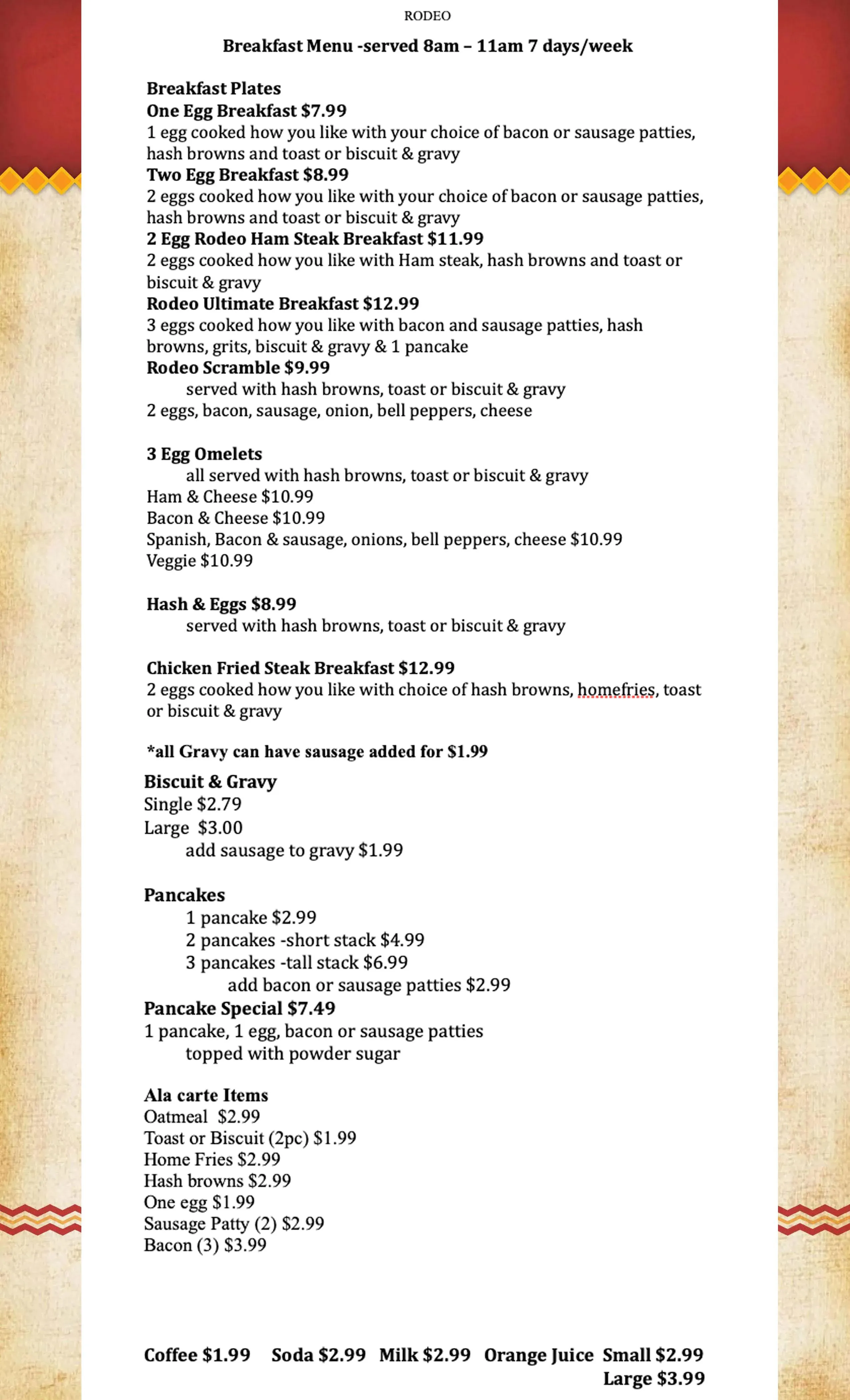 The Rodeo in Okmulgee breakfast menu page